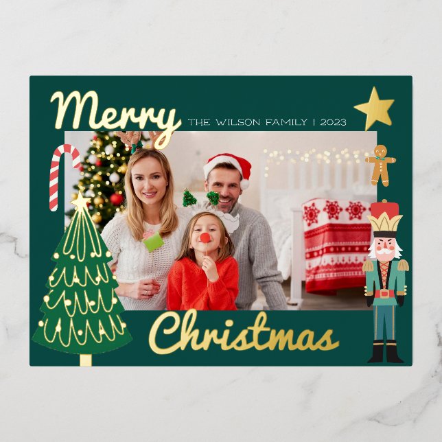 Christmas Gold Santa Nutcracker Cute Family Photo Foil Invitation Postcard (Front)