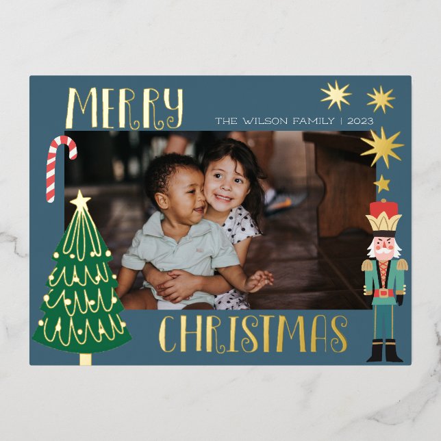 Christmas Gold Santa Nutcracker Cute Family Photo Foil Invitation Postcard (Front)