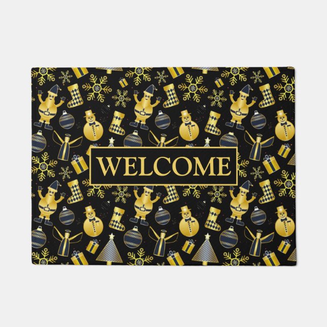Christmas Gold Santa Snowman Stocking Gift Pattern Doormat (Front)