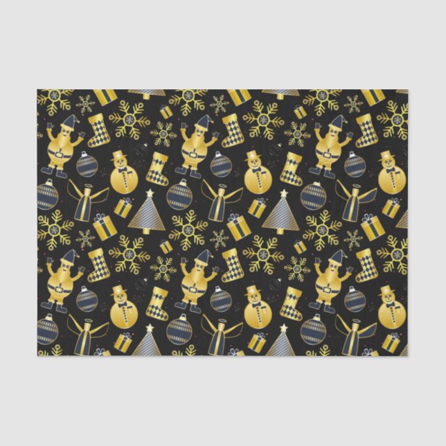 Christmas Gold Santa Snowman Stocking Gift Pattern Tissue Paper (Front)