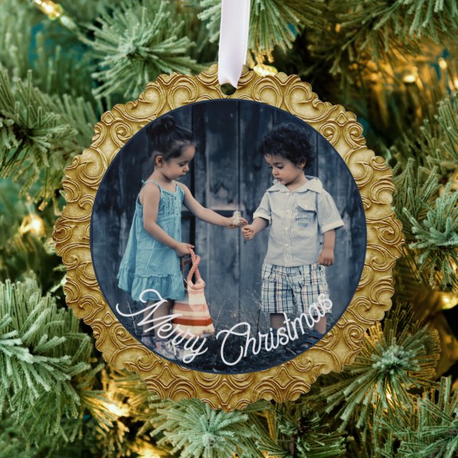 Christmas Gold Scrolled Photo Template Ornament Card (Insitu (Tree))