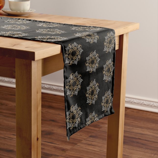 Christmas Gold Silver Calligraphy Pattern on Black Long Table Runner (In Situ)