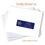 Christmas gold snowflake navy guest address labels<br><div class="desc">Personalized Christmas mailing individual name and address shipping labels with an elegant gold copper snowflake and a chic trendy bold typography script over a dark navy background.</div>