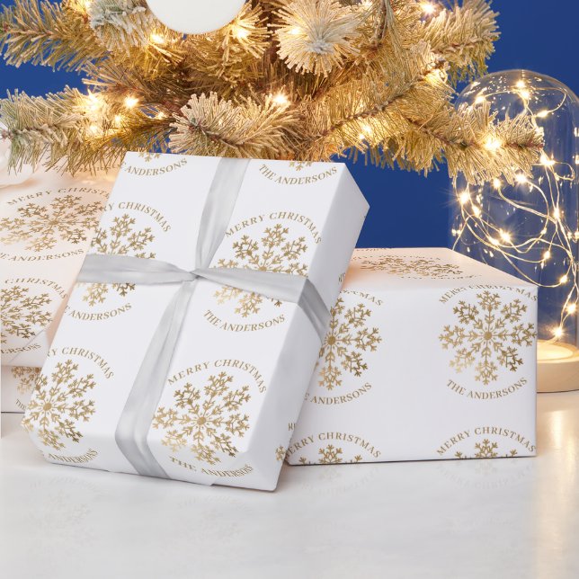 Christmas Gold Snowflake Personalized Name  Wrapping Paper (Holidays)