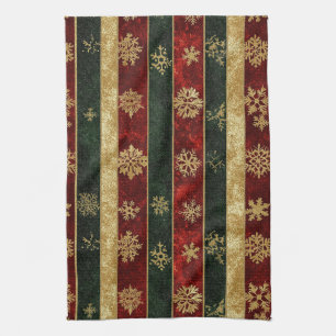 Christmas Gold Snowflake Red Green Stripes Kitchen Towel