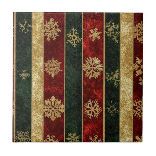Christmas Gold Snowflake Red Green Stripes Tile