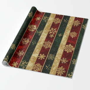 Christmas Gold Snowflake Red Green Stripes Wrapping Paper