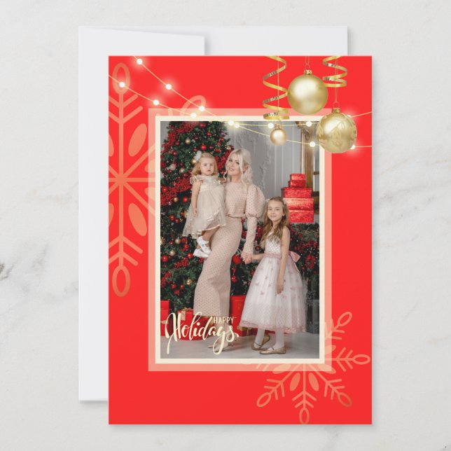 Christmas, gold snowflakes, red happy holidays  thank you card (Front)