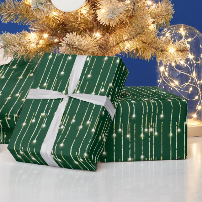 Christmas Gold Sparkling Lights On Green Wrapping Paper (Holidays)