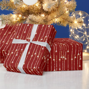 Christmas Gold Sparkling Lights On Red Wrapping Paper