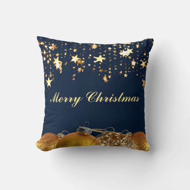 Christmas Gold Stars, Baubles, Tree and Message Throw Pillow (Front)