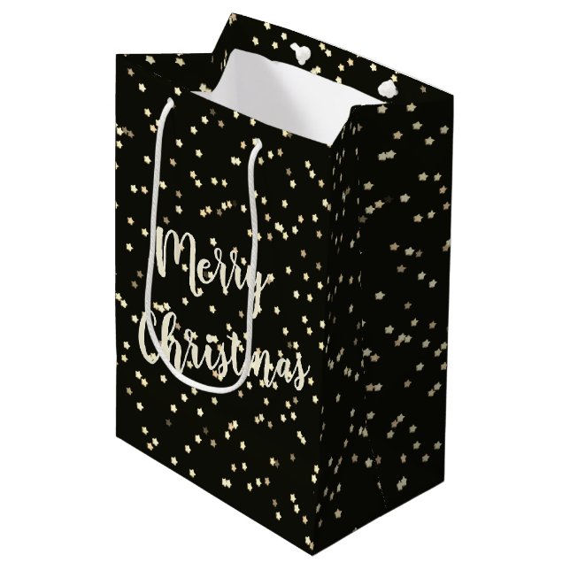 Christmas Gold Stars On Black Medium Gift Bag (Front Angled)
