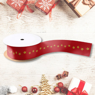 Christmas Gold Stars Pattern Red Satin Ribbon