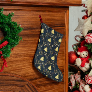 Christmas Gold Stars, Tree. Baubles Lined Blue Large Christmas Stocking