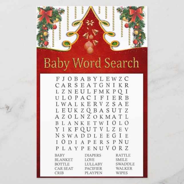 Christmas Gold Tree Baby Shower Word Search Game (Front)