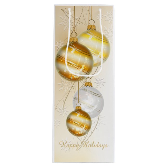 Christmas Gold White Ball Ornaments Wine Gift Bag (Front)