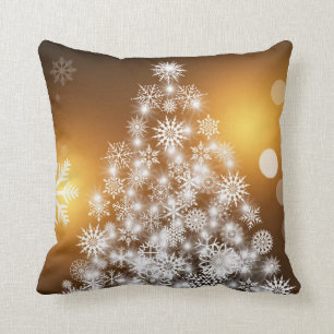 Christmas Golden Bokeh Snowflake Tree Throw Pillow