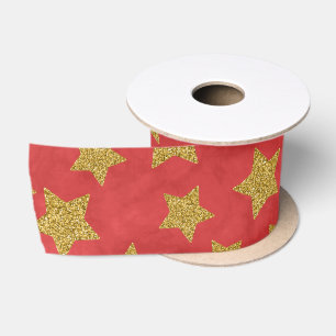 Christmas Golden Glitter Star on Watercolor Red Satin Ribbon