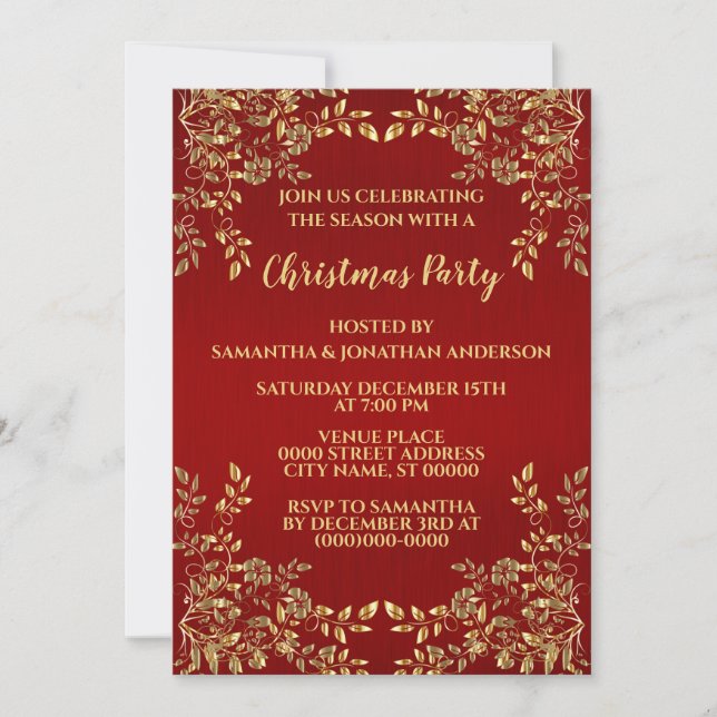 Christmas Golden Leaves Red Holidays Party Invitation (Front)