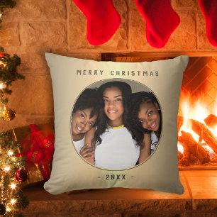 Christmas Golden Metallic Family Round Photo Throw Pillow