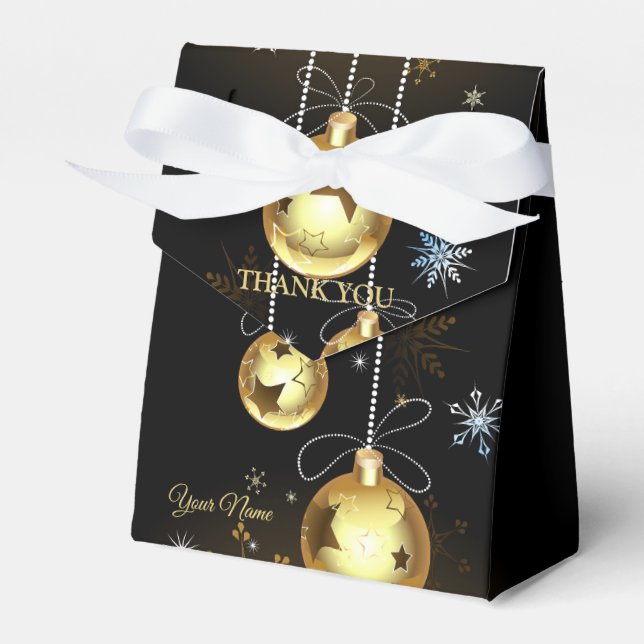 Christmas Golden Ornaments Shiny Stars Black Favor Box (Front Side)