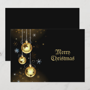 Christmas Golden Ornaments Shiny Stars Black Holiday Card
