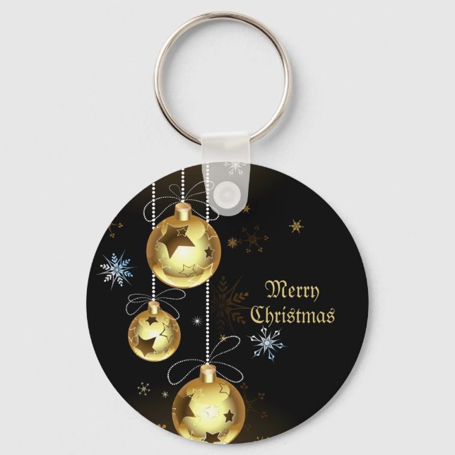 Christmas Golden Ornaments Shiny Stars Black Keychain (Front)