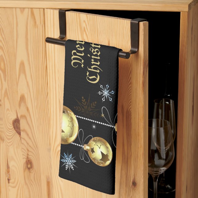 Christmas Golden Ornaments Shiny Stars Black Kitchen Towel (Thirds Fold)