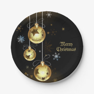 Christmas Golden Ornaments Shiny Stars Black Paper Plate