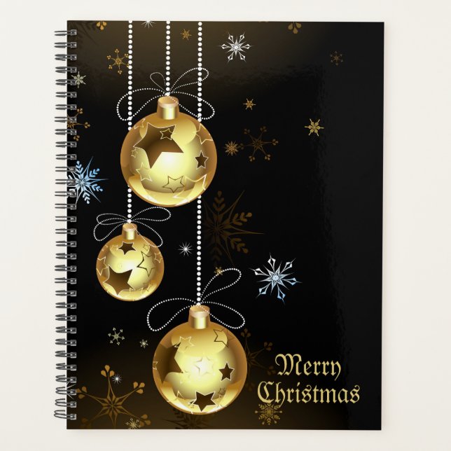 Christmas Golden Ornaments Shiny Stars Black Planner (Front)