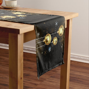 Christmas Golden Ornaments Shiny Stars Black Short Table Runner