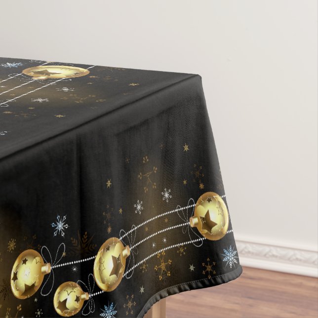 Christmas Golden Ornaments Shiny Stars Black Tablecloth (In Situ)