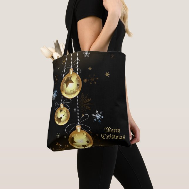 Christmas Golden Ornaments Shiny Stars Black Tote Bag (Close Up)