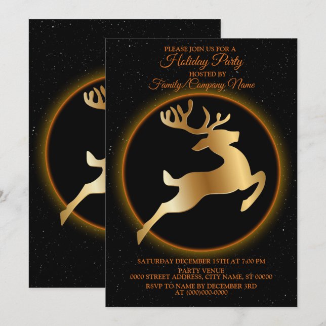 Christmas Golden Reindeer Black Holidays Party Invitation (Front/Back)