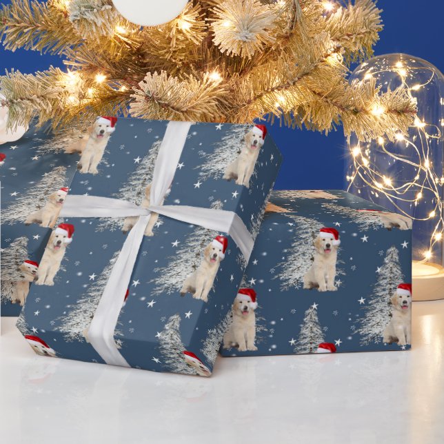 Christmas Golden Retriever and Tree On Stars Wrapping Paper (Holidays)