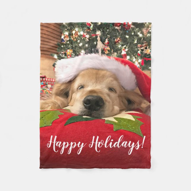 Christmas Golden Retriever Dog Asleep Under Tree Fleece Blanket (Front)