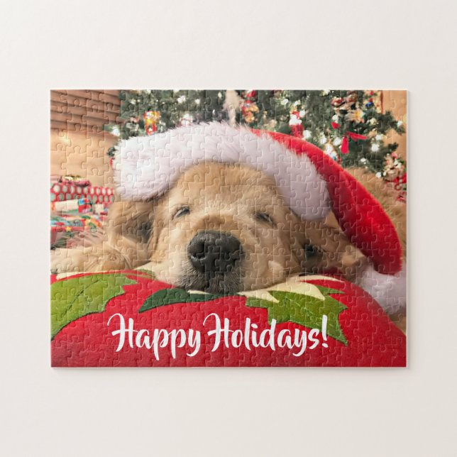 Christmas Golden Retriever Dog Asleep Under Tree Jigsaw Puzzle (Horizontal)