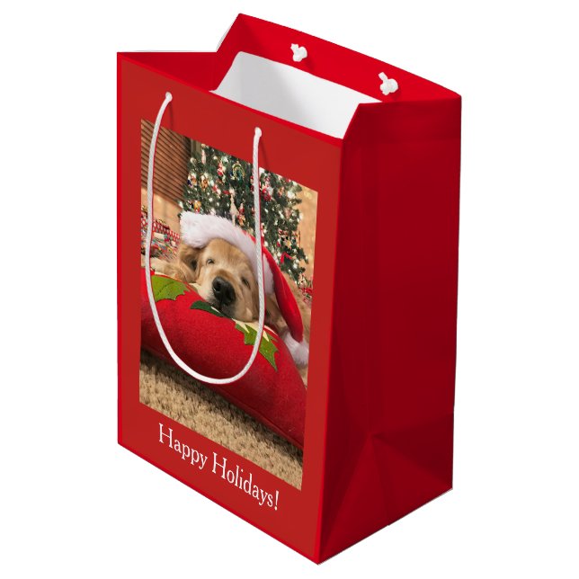 Christmas Golden Retriever Dog Asleep Under Tree Medium Gift Bag (Back Angled)