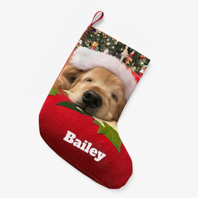 Christmas Golden Retriever Dog Asleep Under Tree Small Christmas Stocking (Front (Hanging))