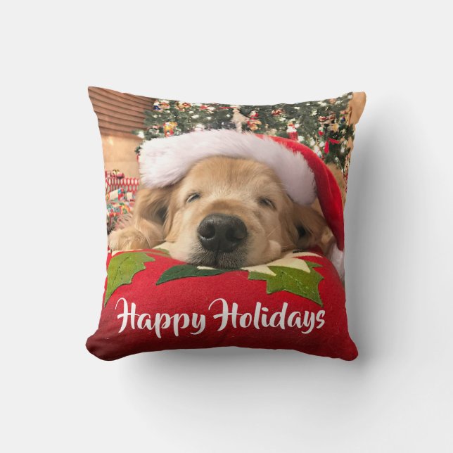 Christmas Golden Retriever Dog Asleep Under Tree Throw Pillow (Front)