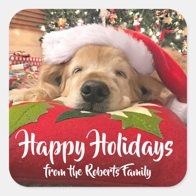Christmas Golden Retriever Dog  Custom Name Square Sticker (Front)