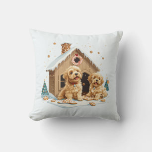 Christmas Golden Retriever Dogs Gingerbread House Throw Pillow