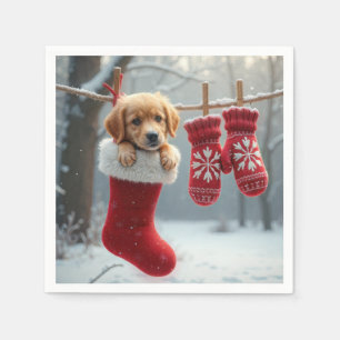 Christmas Golden Retriever In a Stocking Napkin