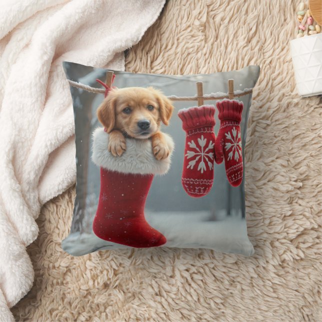 Christmas Golden Retriever In a Stocking Throw Pillow (Blanket)