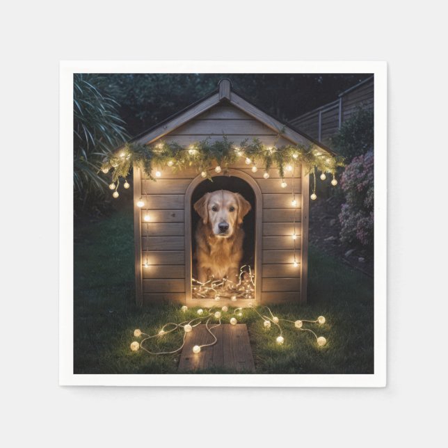 Christmas Golden Retriever In Doghouse Napkin (Front)