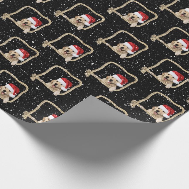 Christmas Golden Retriever in rope frame Wrapping Paper (Corner)