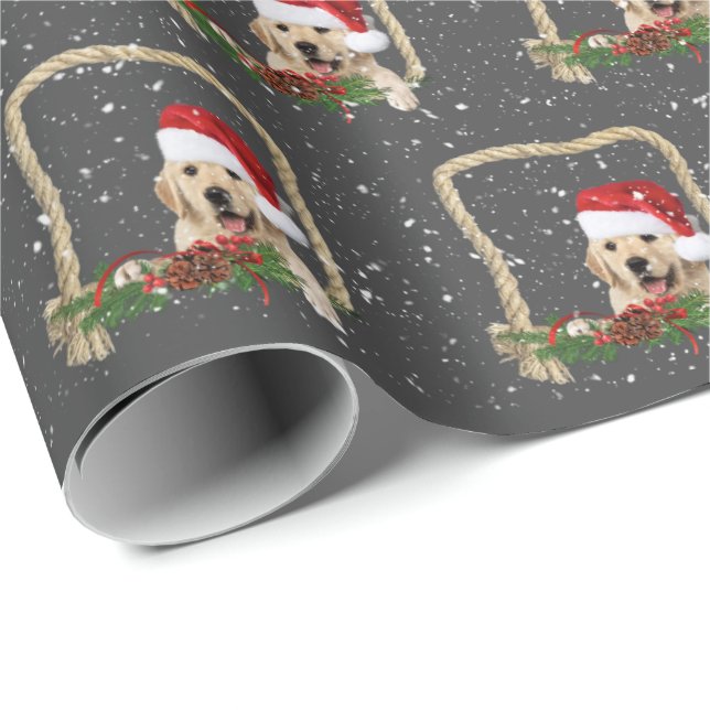 Christmas Golden Retriever in rope frame Wrapping Paper (Roll Corner)