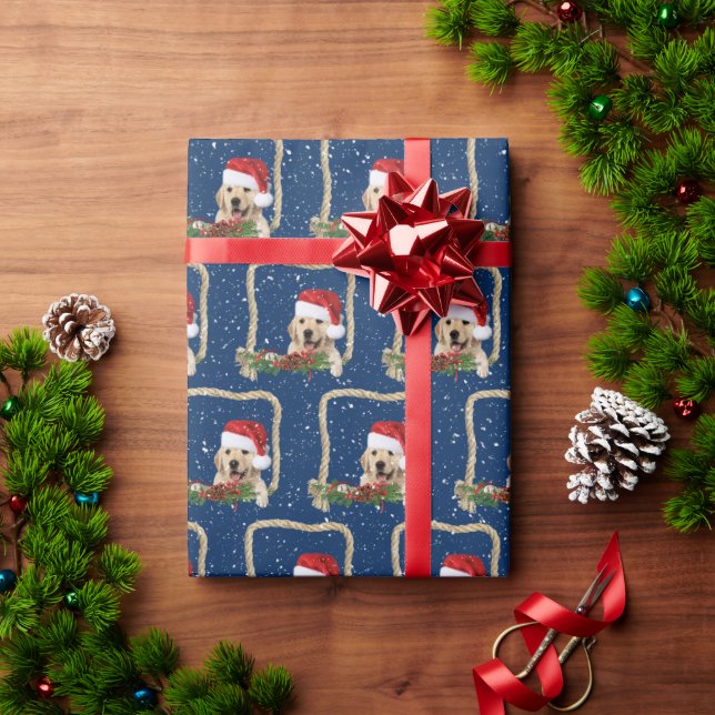 Christmas Golden Retriever in rope frame Wrapping Paper (Holiday Gift)