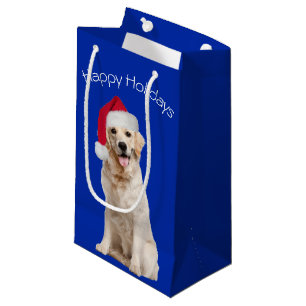 Christmas Golden Retriever On Blue Small Gift Bag