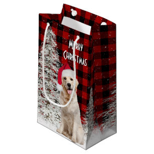 Christmas Golden Retriever On Buffalo Plaid   Small Gift Bag